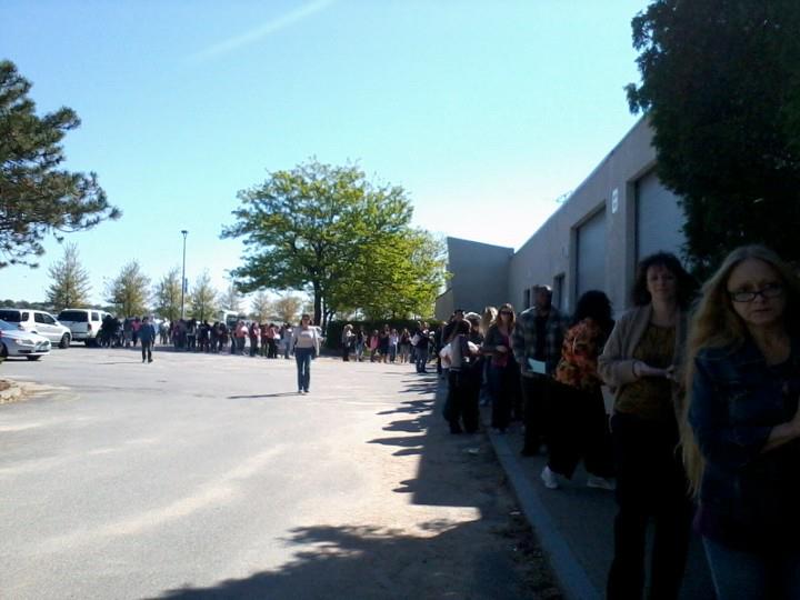 A long of extra wanna be's line up at Boston's Teachers Union Hall in the late Spring for GrownUps2. 