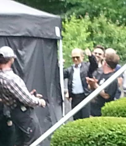 Johnny Depp waves to the crowd outside the tent on the Black Mass set for his Birthday wish